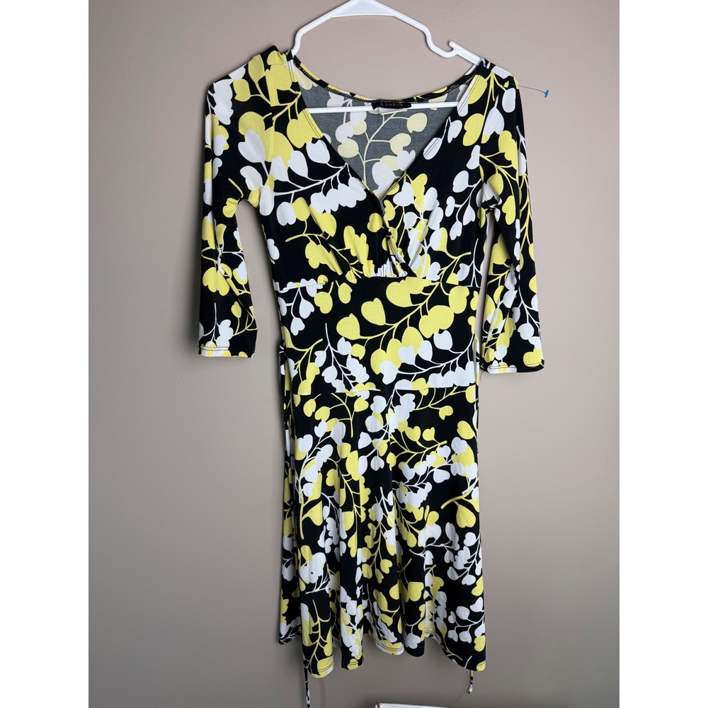 B. Darlin Womens Yellow Black Floral V-Neck Fit & Flare Dress Size 5/6 54B4853